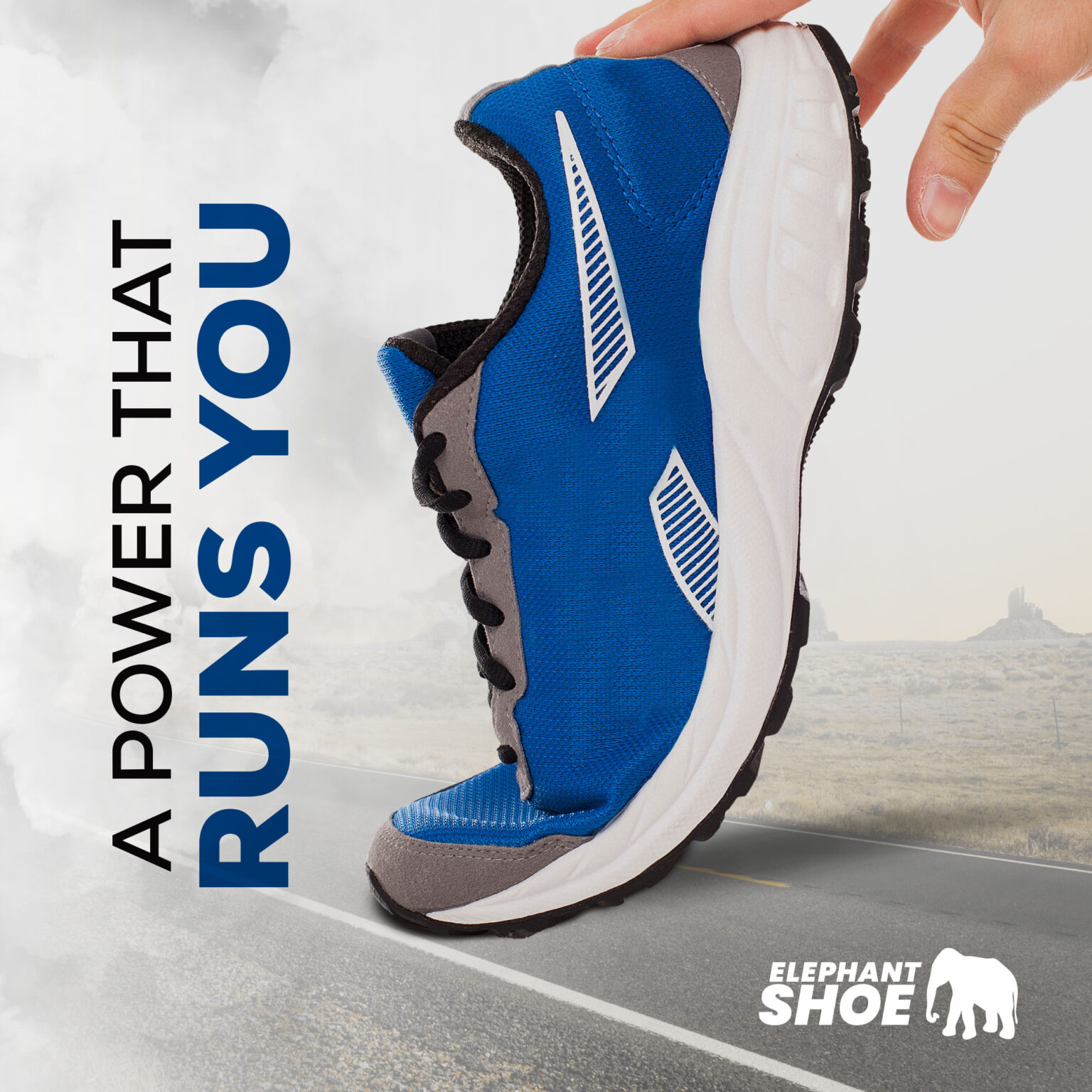 Blue running shoe with the slogan 'A power that runs you.' Perfect for fitness enthusiasts and athletes.