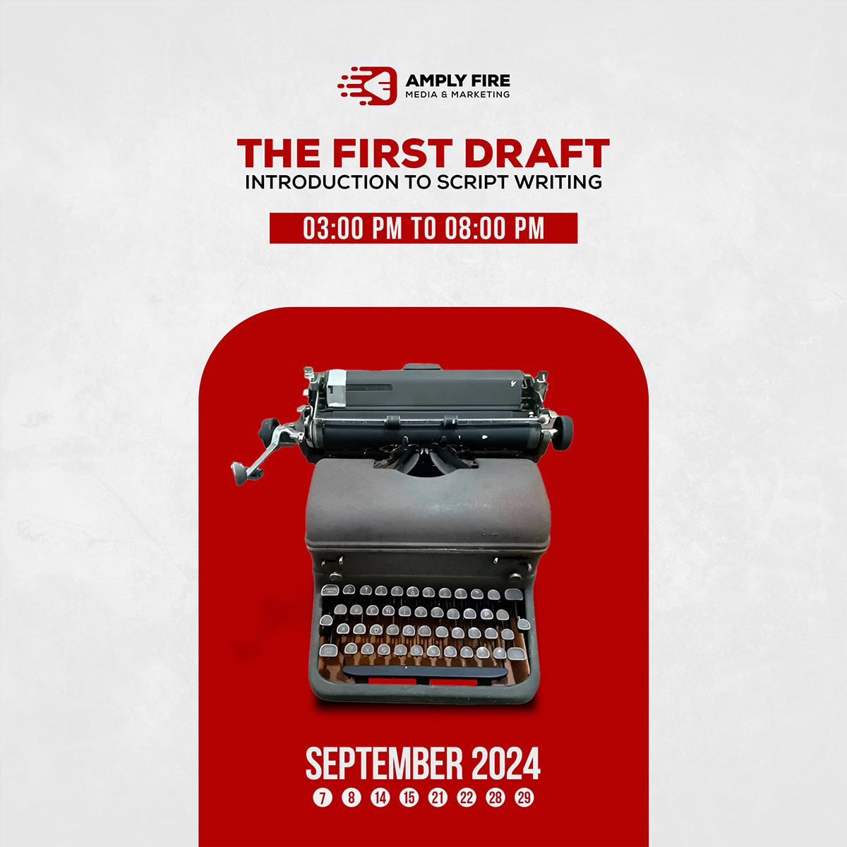 Scriptwriting workshop poster: Learn the art of storytelling and master social media management for your content.