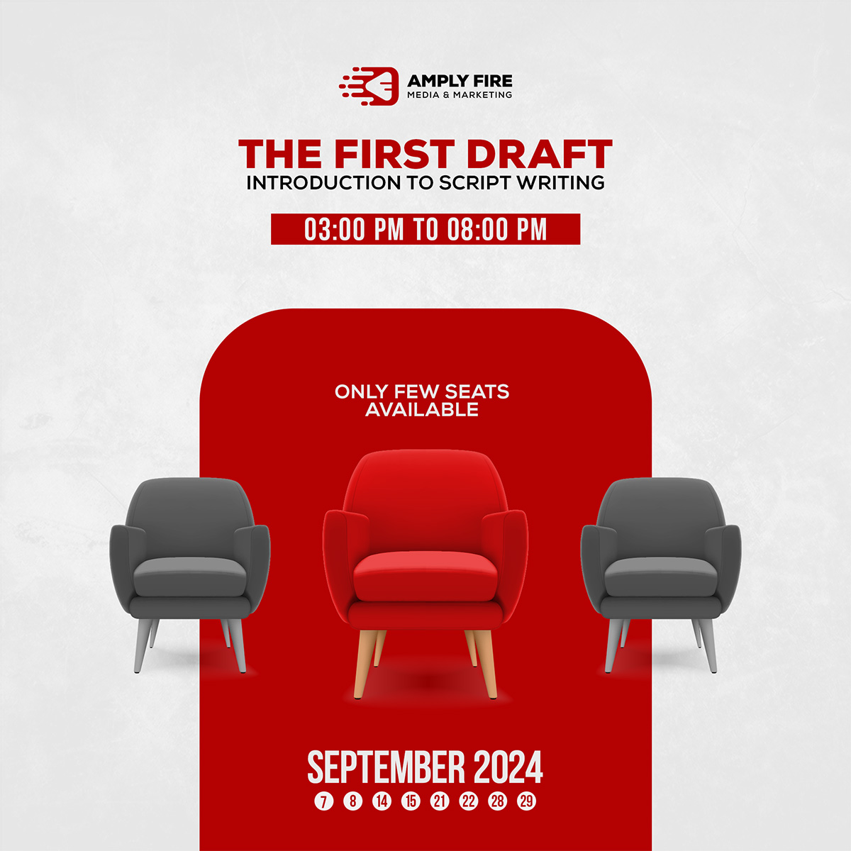 Scriptwriting workshop poster: The First Draft. Learn how to create compelling scripts for social media content.