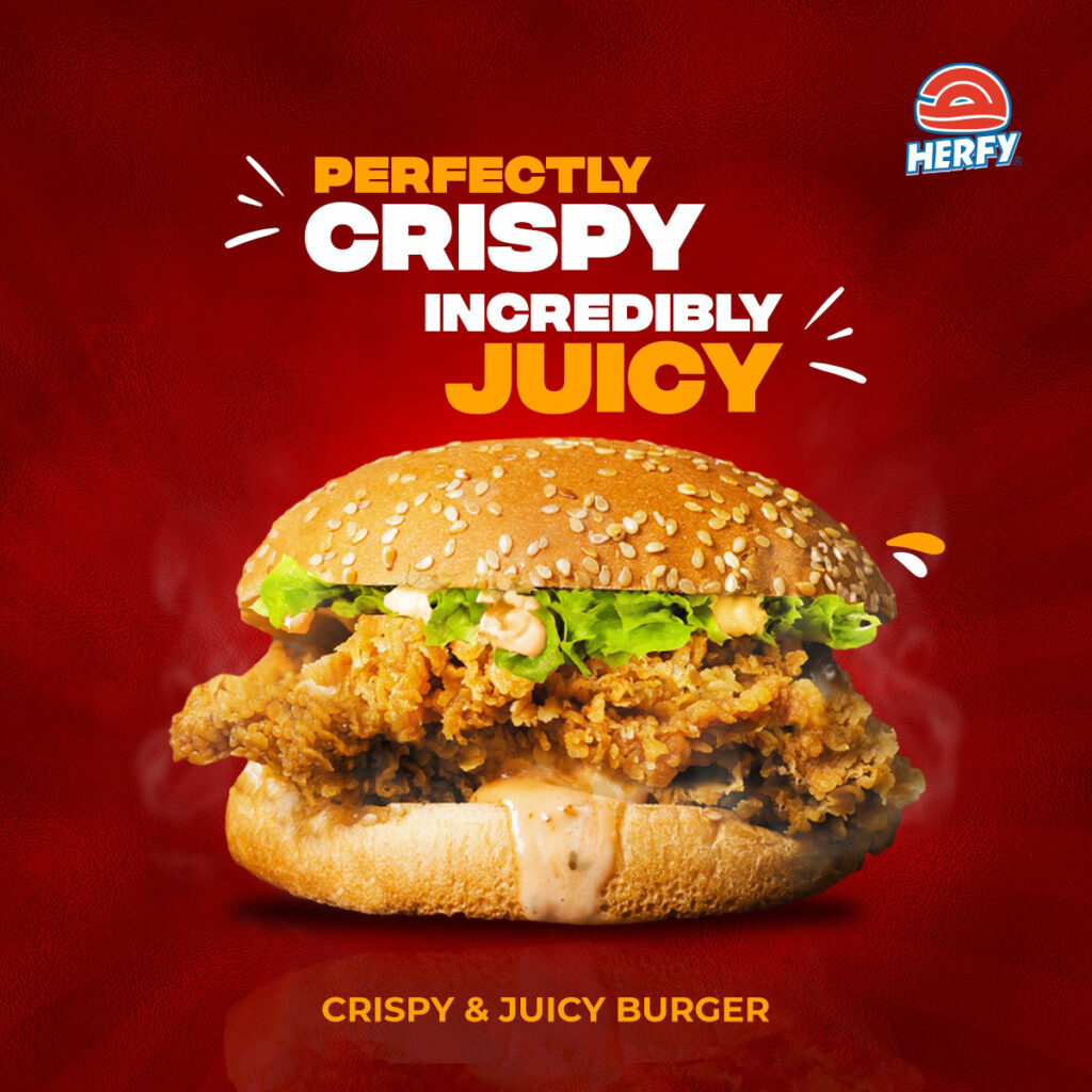 A mouthwatering crispy and juicy chicken burger from HERFY, perfect for a delicious meal.